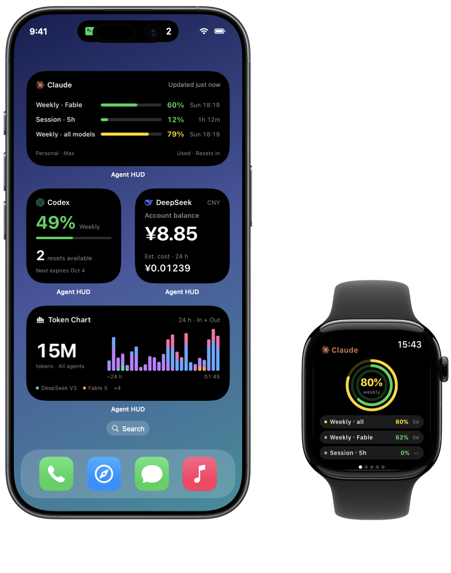 Agent HUD usage widgets and Live Activities on iPhone, with usage on Apple Watch