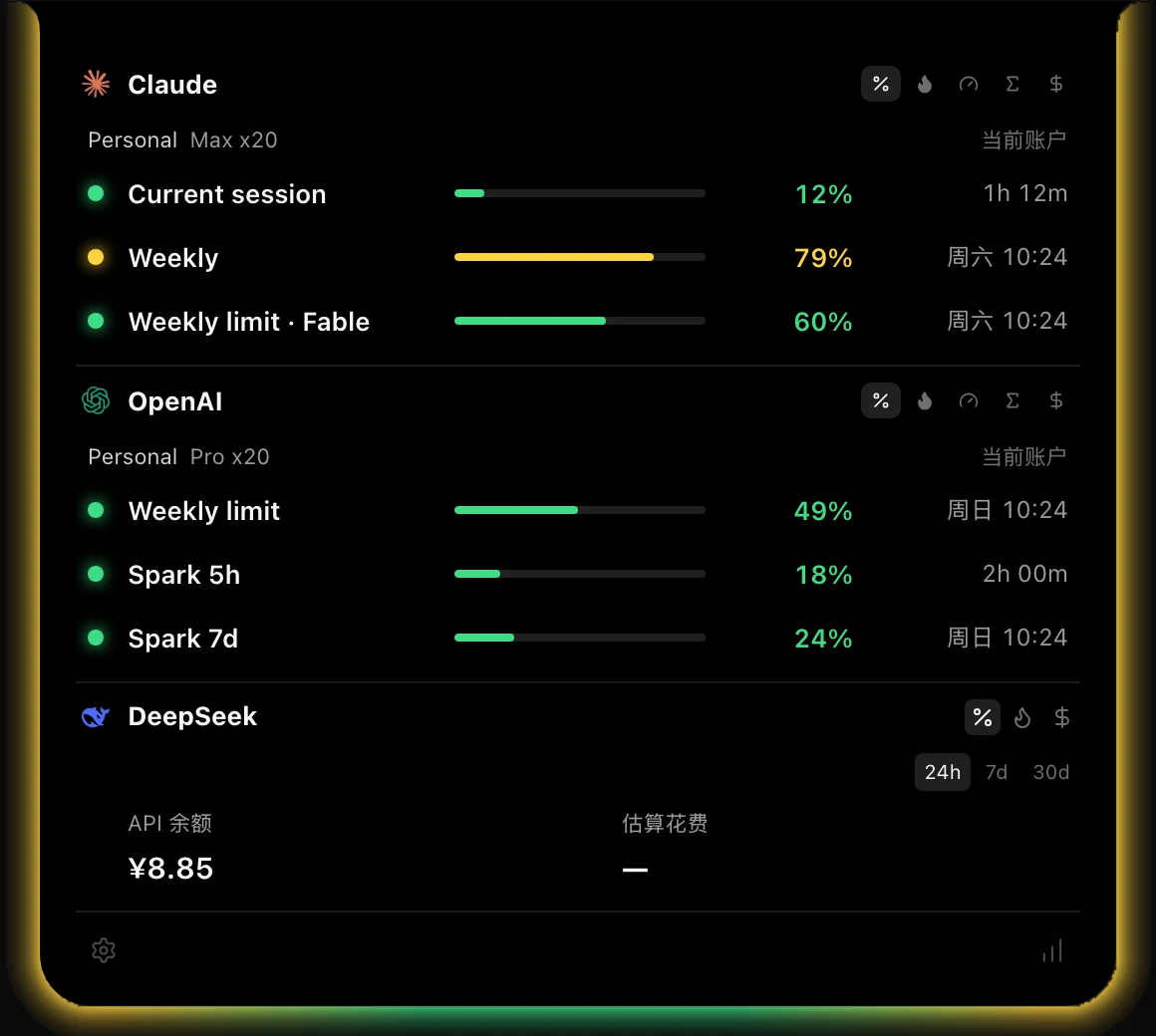 面板：Claude 与 OpenAI 的额度窗口及重置时间，以及 DeepSeek 的余额