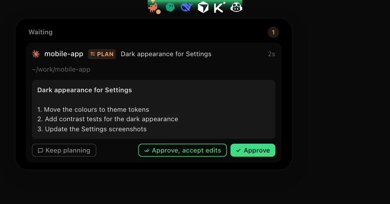 A Claude Code plan on the HUD: Keep planning, Approve, accept edits, Approve