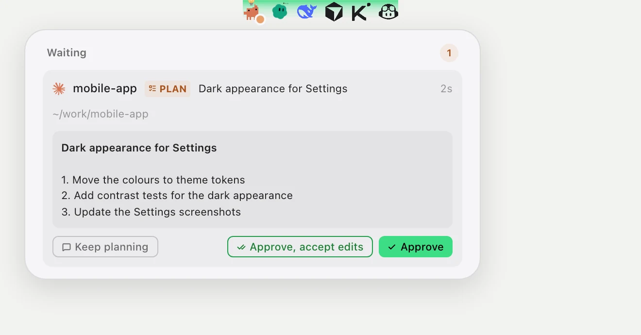 A Claude Code plan on the HUD: Keep planning, Approve, accept edits, Approve