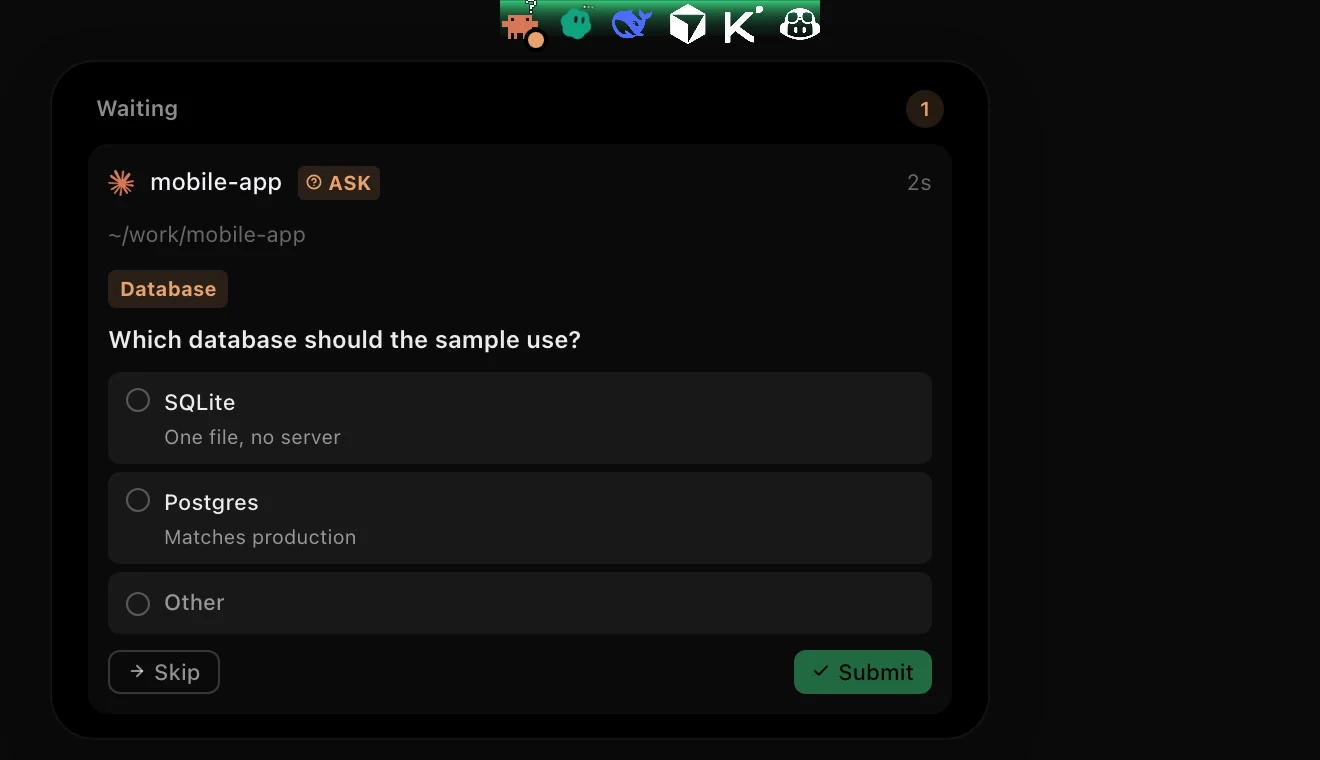 A question from Claude Code, answered on the HUD