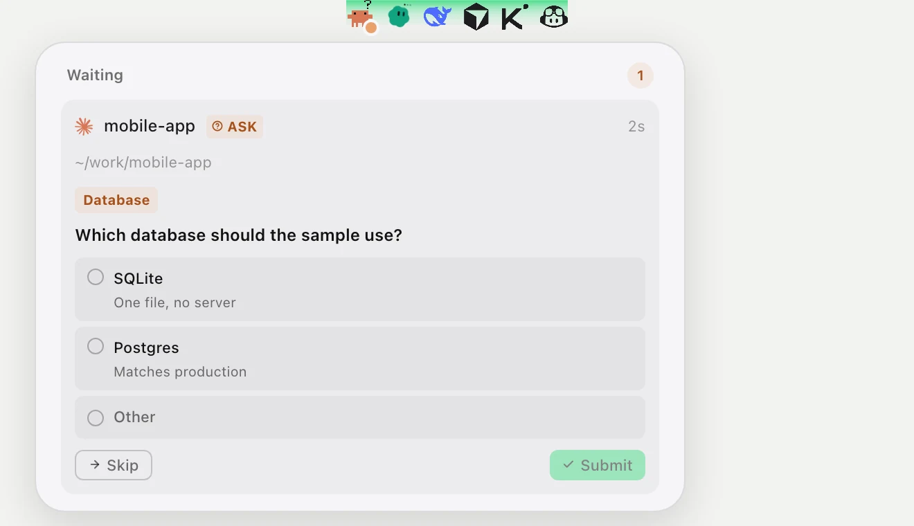 A question from Claude Code, answered on the HUD