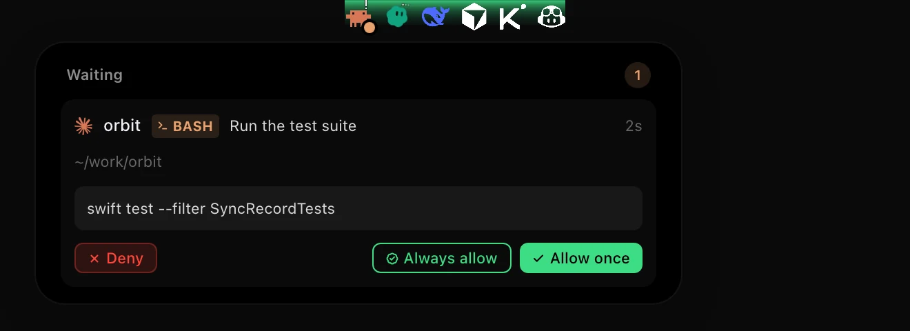 A tool call waiting on the HUD: Deny, Always allow, Allow once