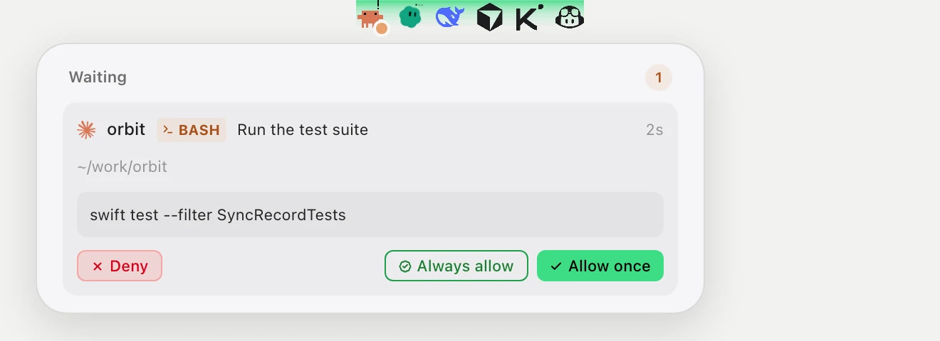A tool call waiting on the HUD: Deny, Always allow, Allow once