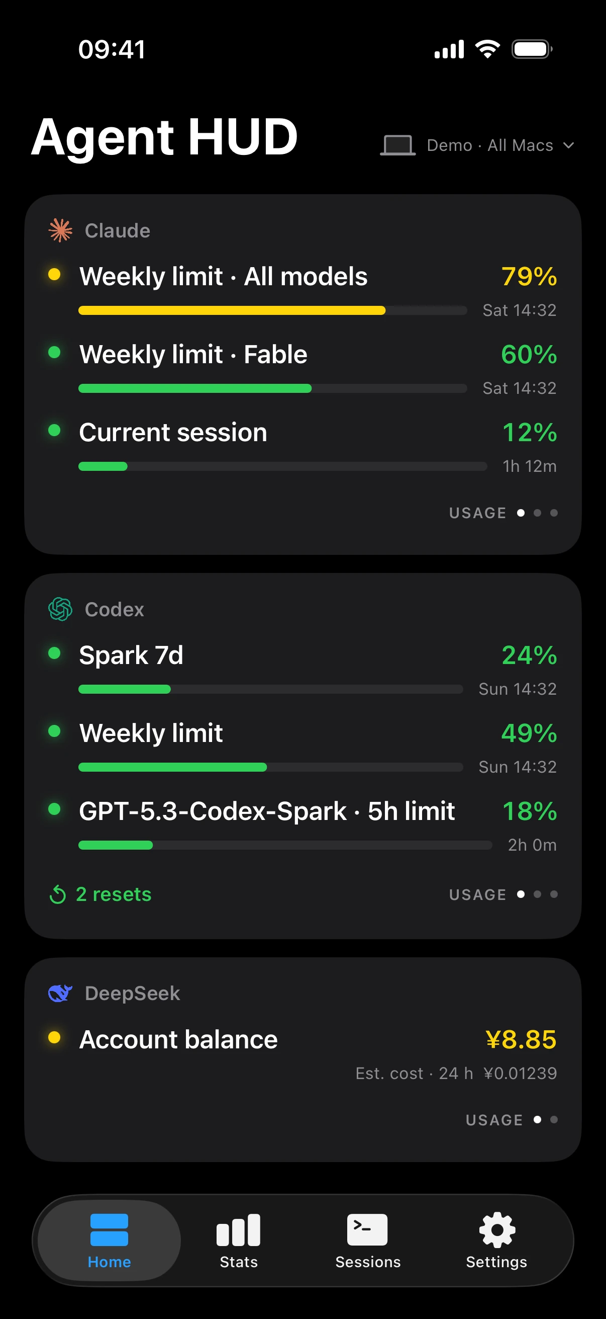 iPhone Home tab: quota cards for Claude and Codex with the share used and reset time of each window, and a DeepSeek balance