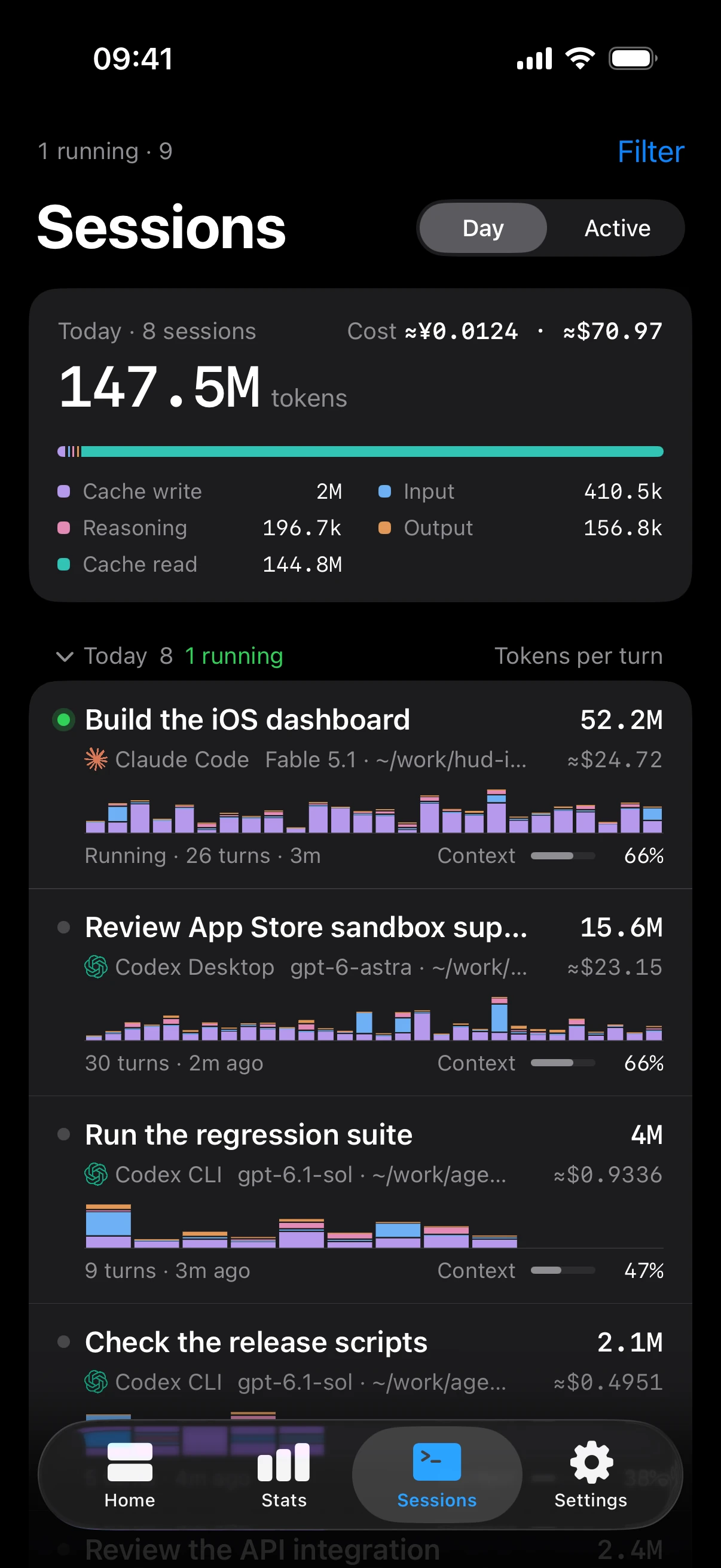 iPhone Sessions tab: today's tokens by kind with their cost, then sessions with per-turn bars