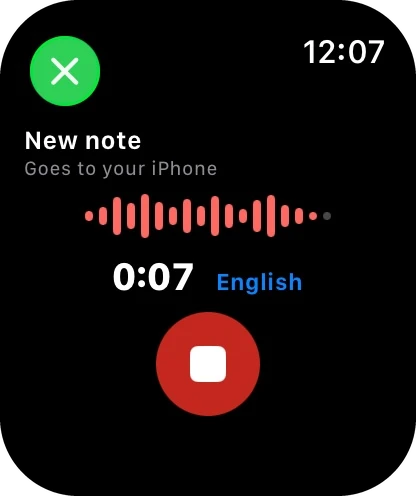 Recording a note on Apple Watch: a waveform, the time and a stop button