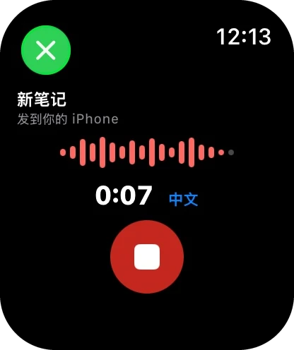 在 Apple Watch 上录一条笔记：波形、时长与停止按钮