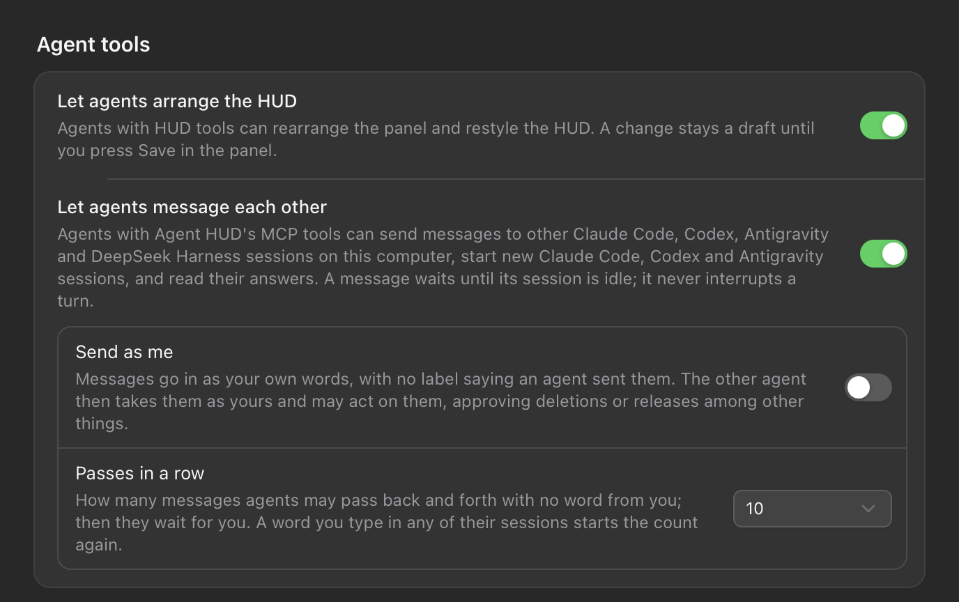 Settings → Agent plugins, the Agent tools section: Let agents arrange the HUD and Let agents message each other on, Send as me off, Passes in a row set to 10