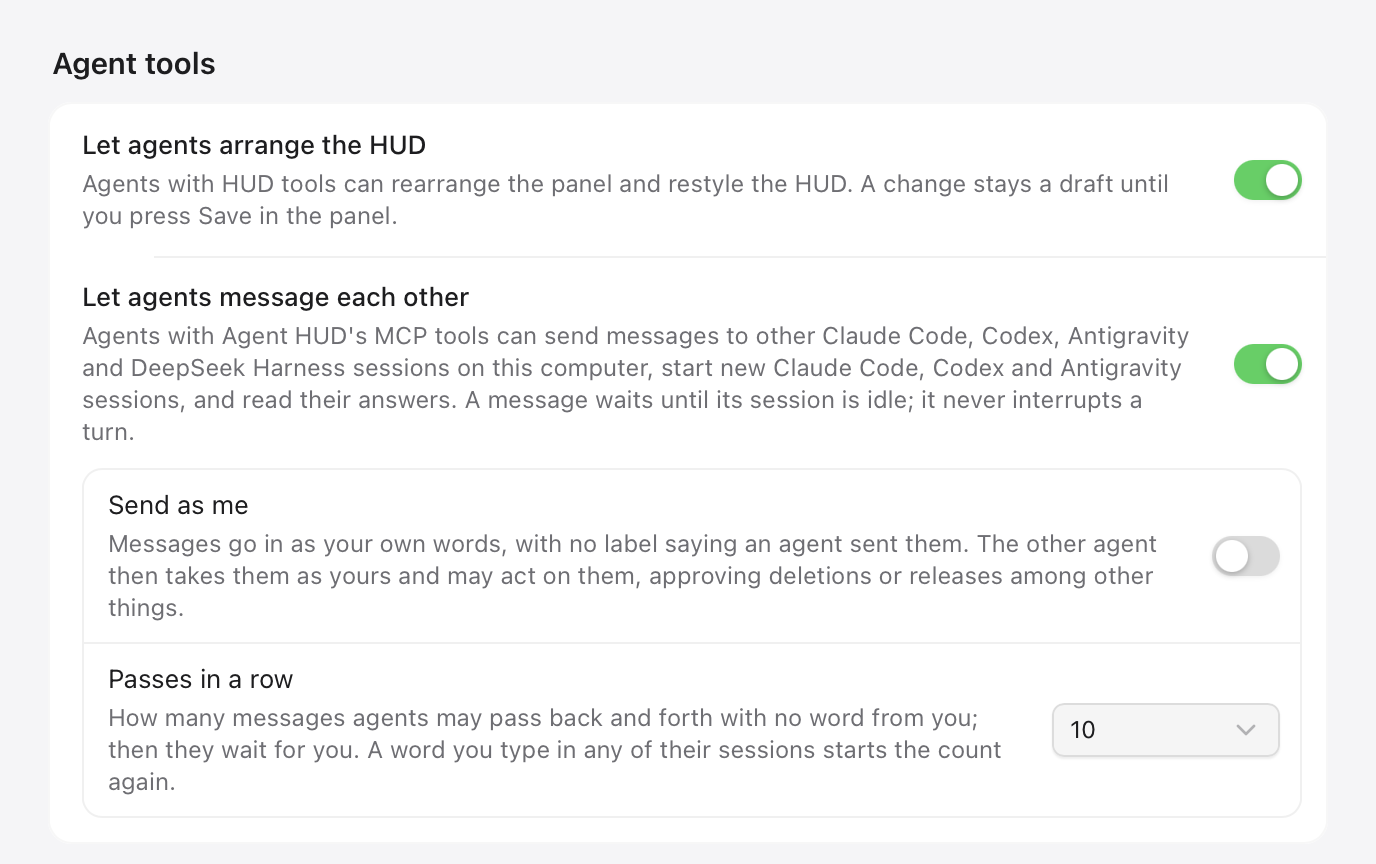 Settings → Agent plugins, the Agent tools section: Let agents arrange the HUD and Let agents message each other on, Send as me off, Passes in a row set to 10