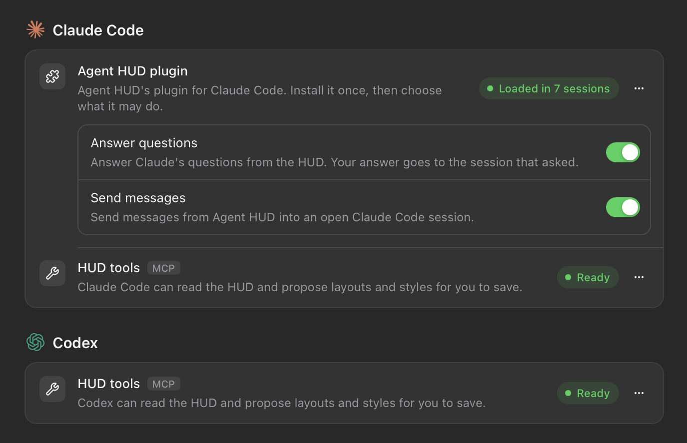 Settings → Agent plugins: the Claude Code and Codex cards, each with a HUD tools row marked Ready