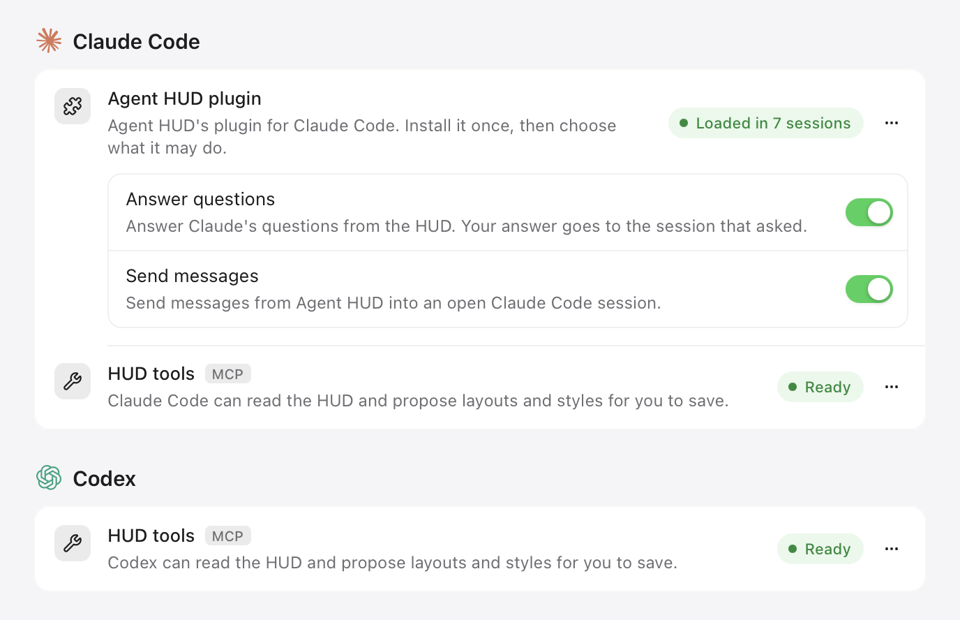 Settings → Agent plugins: the Claude Code and Codex cards, each with a HUD tools row marked Ready