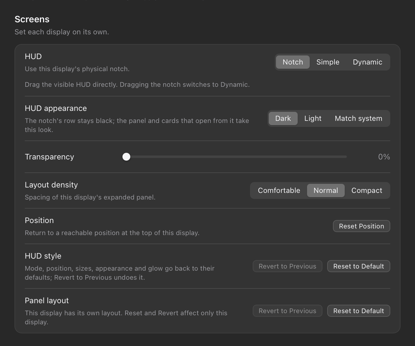 Settings → Display for one display: HUD, HUD appearance, Transparency, Layout density, Position, HUD style and Panel layout