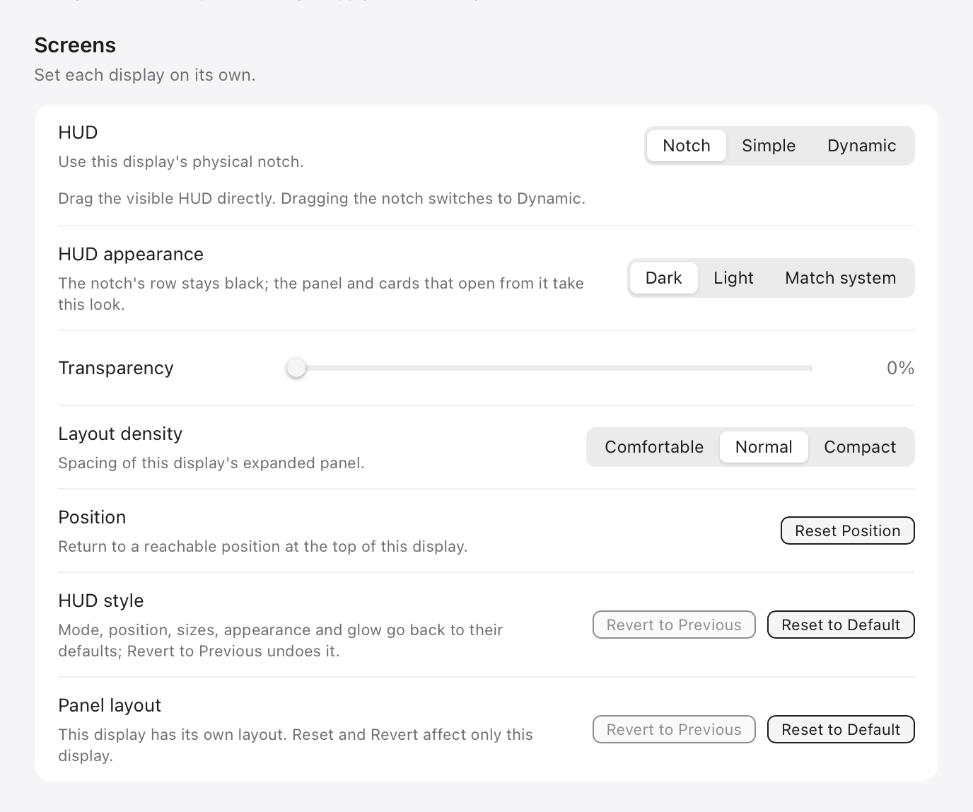 Settings → Display for one display: HUD, HUD appearance, Transparency, Layout density, Position, HUD style and Panel layout