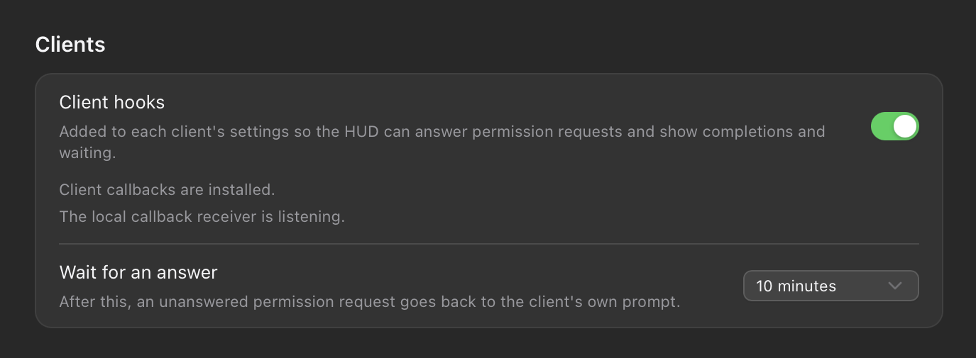Settings → General, the Clients section: Client hooks on, Wait for an answer set to 10 minutes