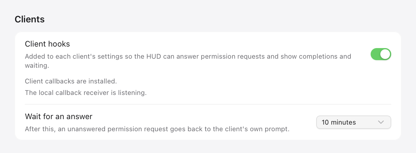 Settings → General, the Clients section: Client hooks on, Wait for an answer set to 10 minutes
