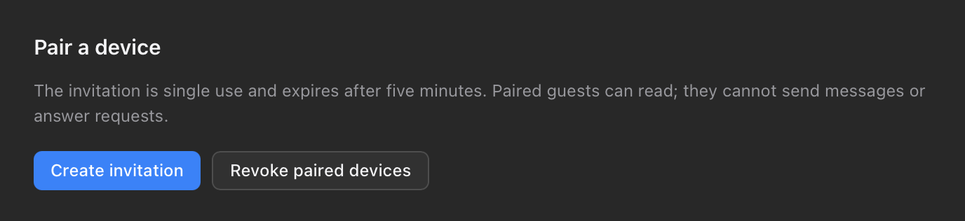 Settings → Local Network, the Pair a device section with Create invitation and Revoke paired devices