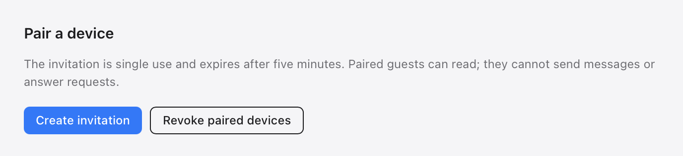 Settings → Local Network, the Pair a device section with Create invitation and Revoke paired devices